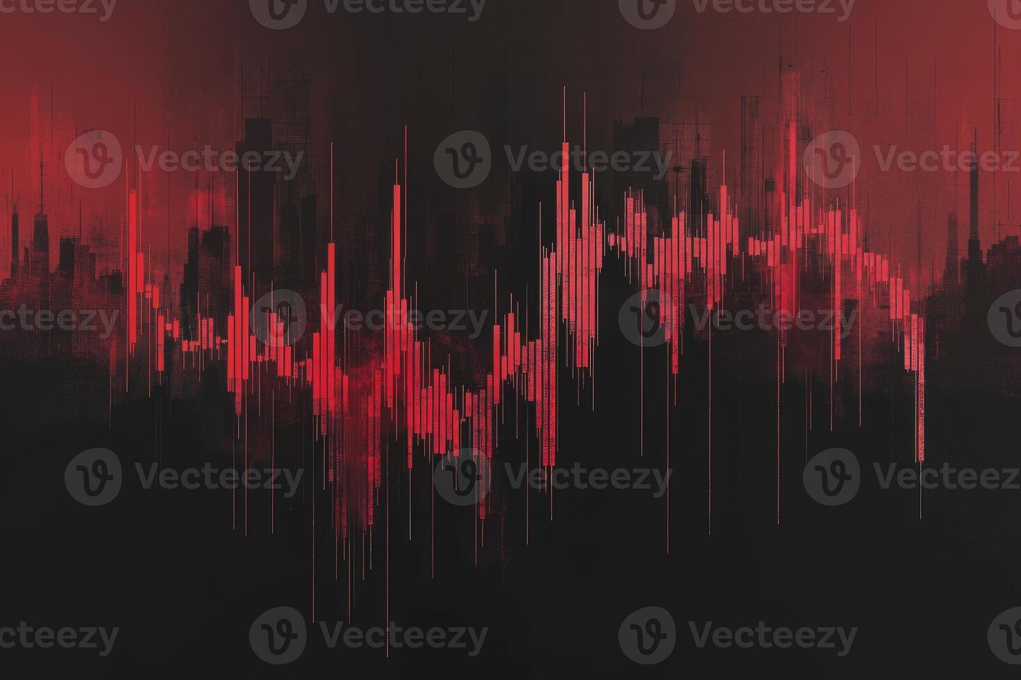 Red Financial Chart Overlaying Dark Cityscape Showing Market Decline photo