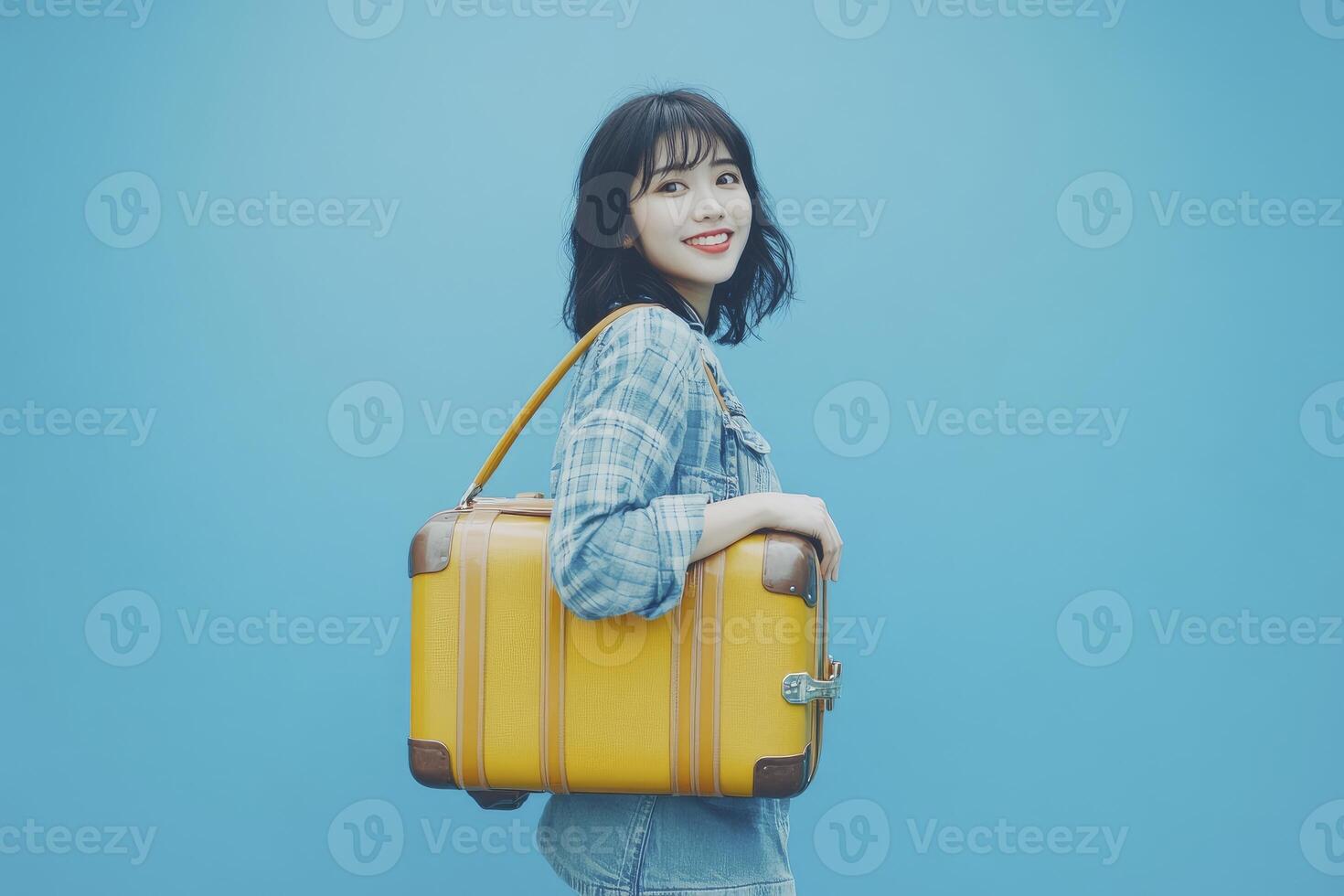 Woman Carrying Vintage Suitcase Smiling Against Blue Background Ready for Trip photo