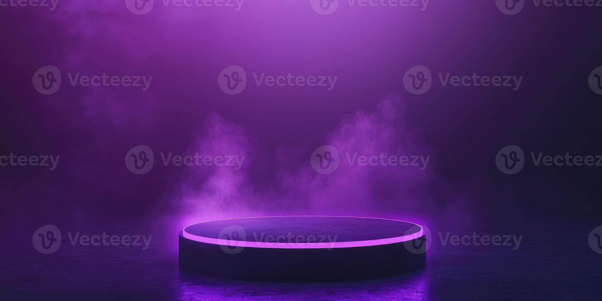 Illuminated Product Podium with Purple Neon Glow and Smoky Ambiance photo