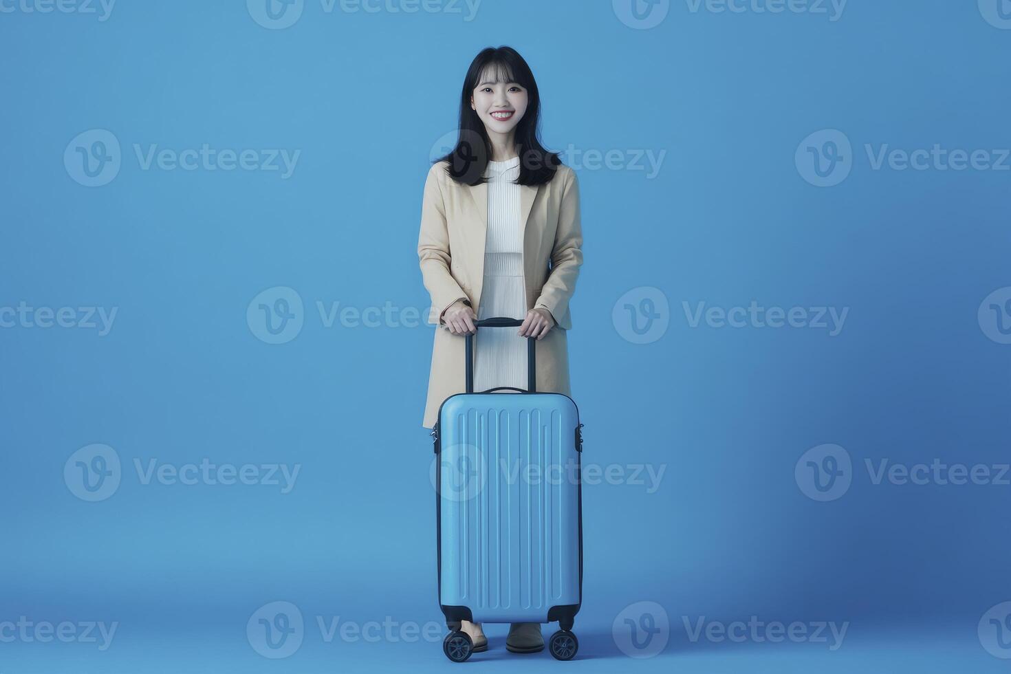 Woman Standing Holding Blue Suitcase Ready for Travel Destination Adventure photo