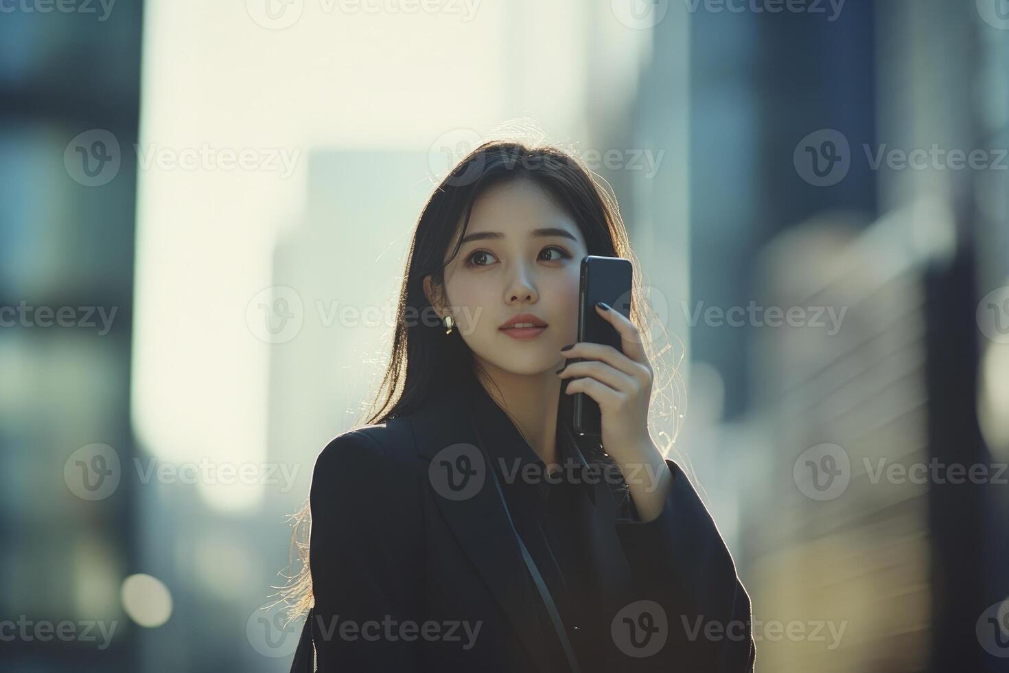 Woman Using Phone in City Setting with Blurred Background photo