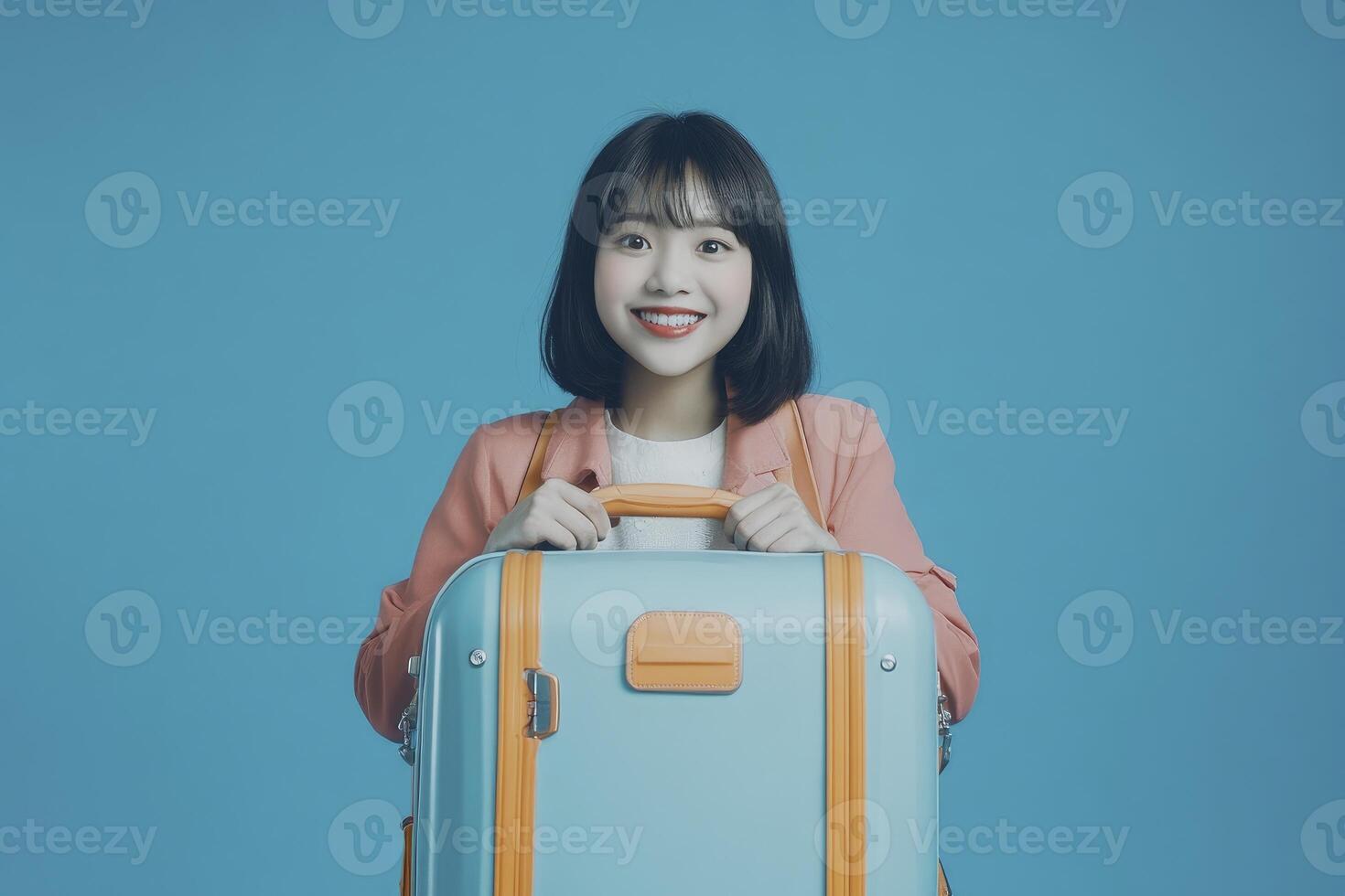 Young Woman Holding Suitcase Smiling Ready for Travel Adventure Portrait photo