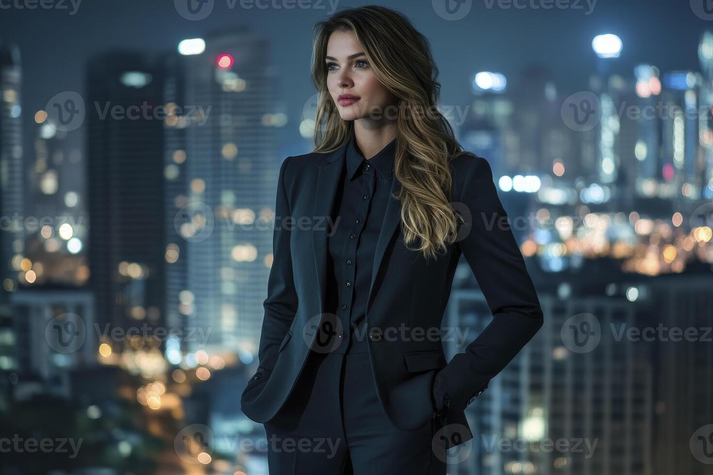 Confident Businesswoman Standing with City Skyline at Night Wearing Suit photo
