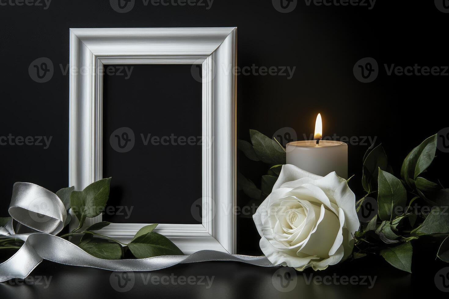Blank Picture Frame with White Rose Candle and Ribbon for Remembrance photo