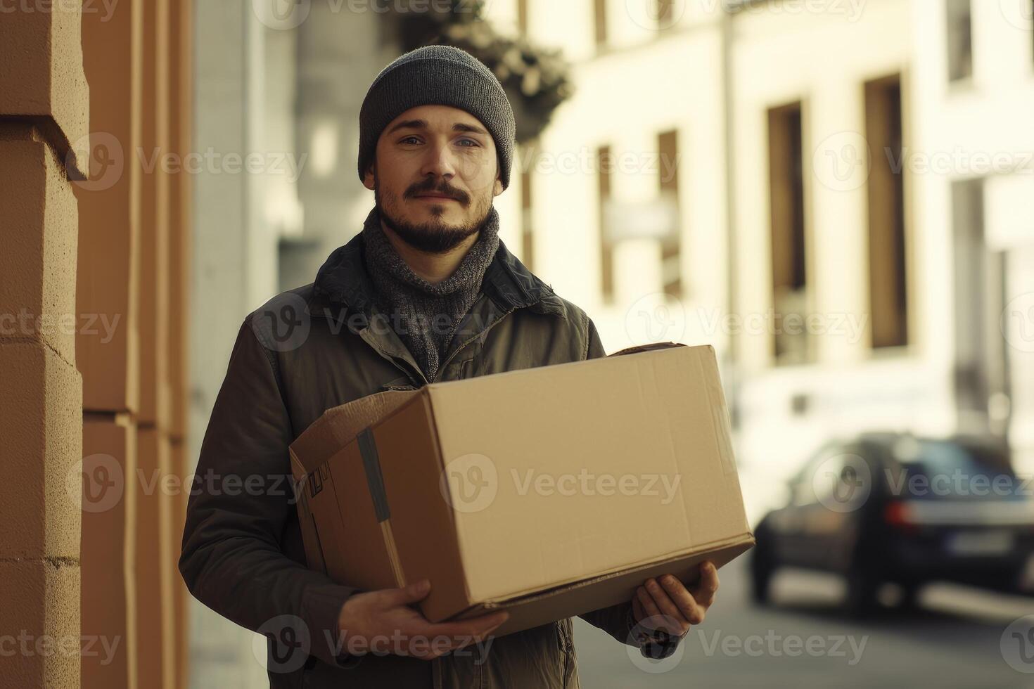 Man Holding Cardboard Box Outside Building Delivers Package on City Street photo
