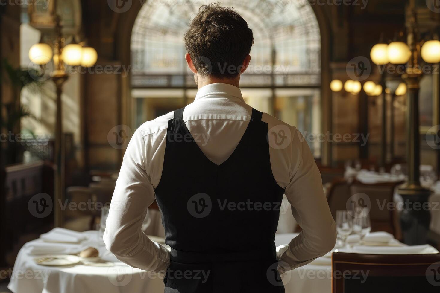 Waiter Standing in Empty Restaurant Preparing for Service with Natural Light photo
