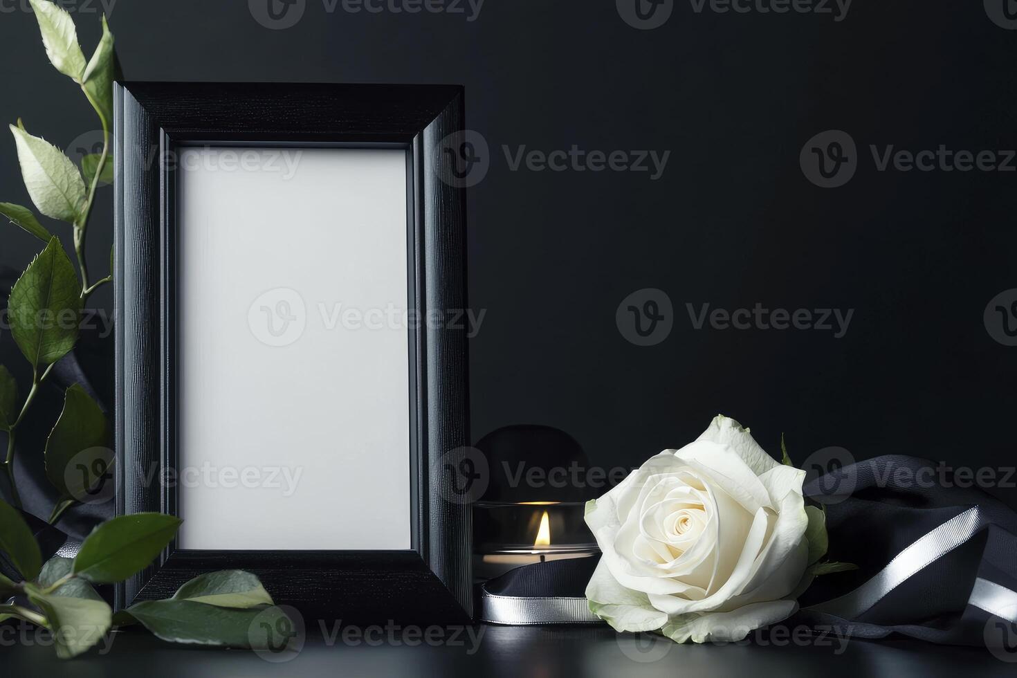 Blank Frame with White Rose and Candle for Funeral Remembrance Design photo