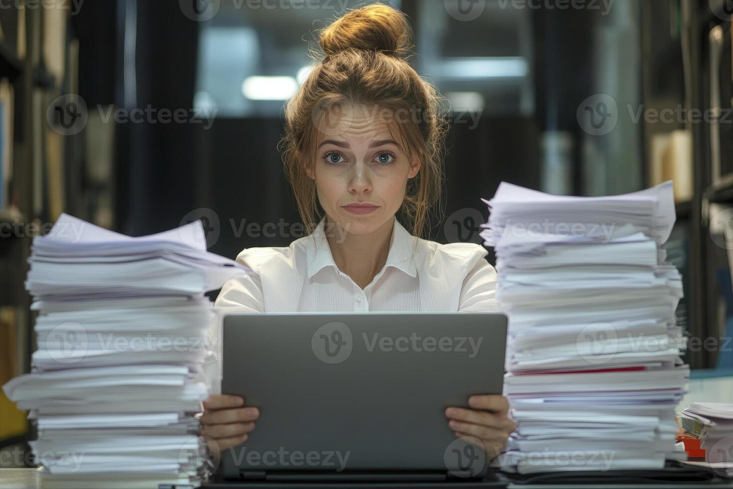 Woman Overwhelmed by Paperwork While Using Laptop in a Busy Office photo