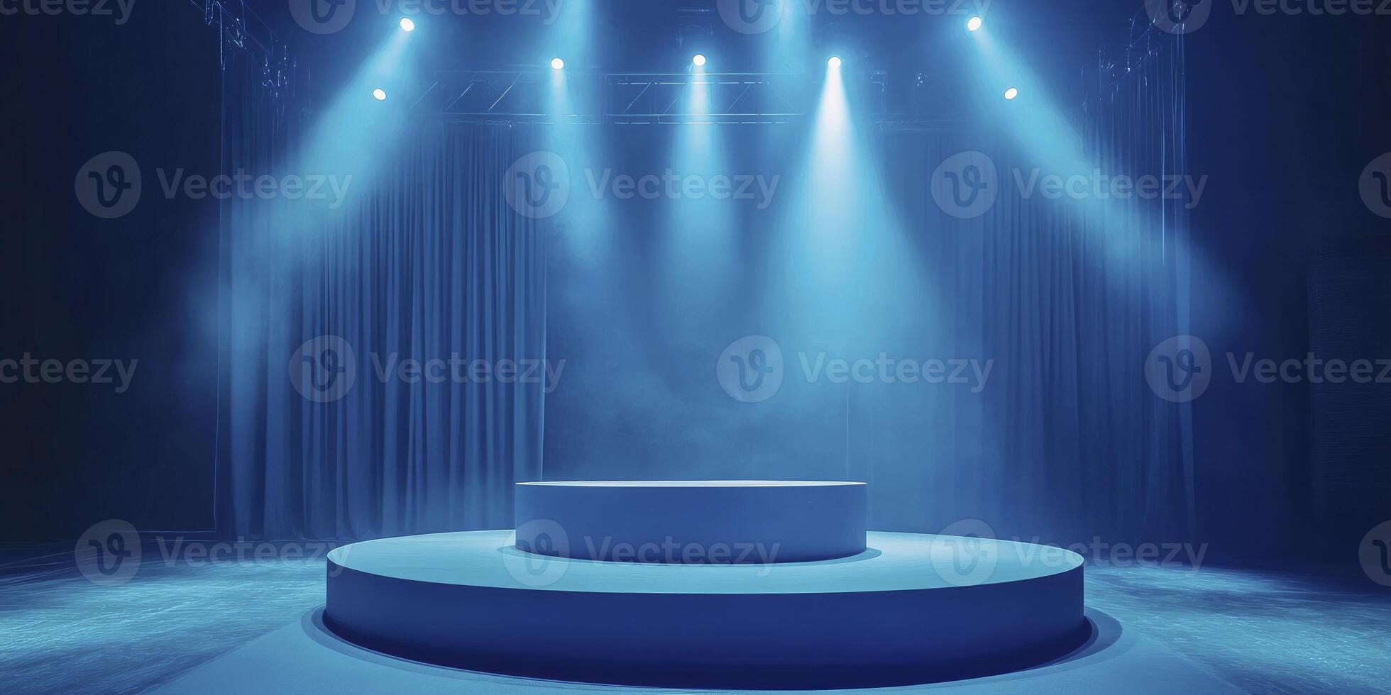 Circular Stage with Spotlight Beams and Curtain Backdrop in Blue Tone photo