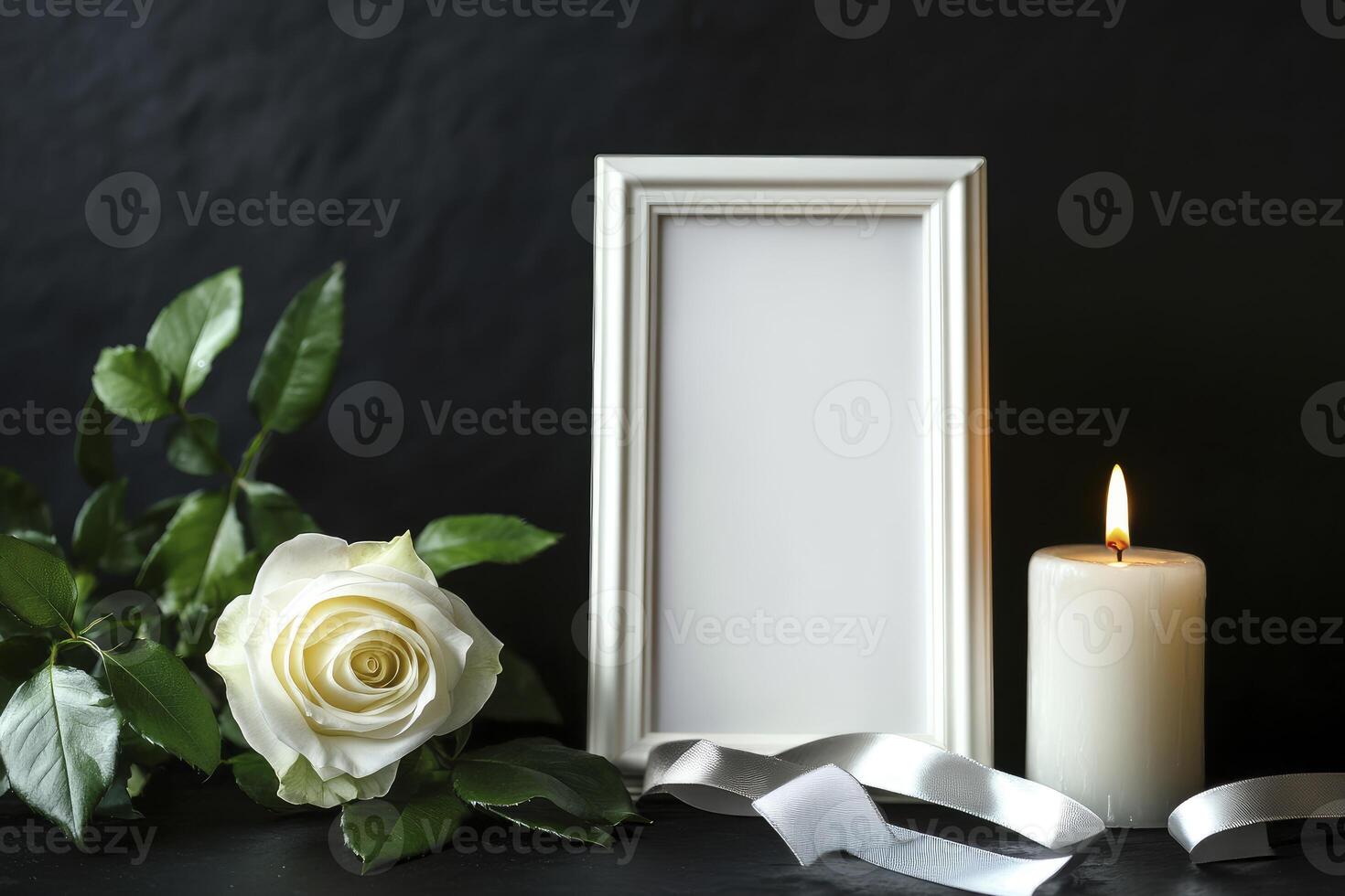 White Rose with Candle and Empty Picture Frame for Remembrance photo