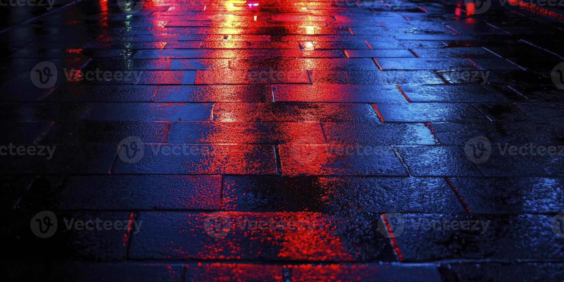 Walking on Wet City Pavement Reflecting Colorful Light After Rain photo