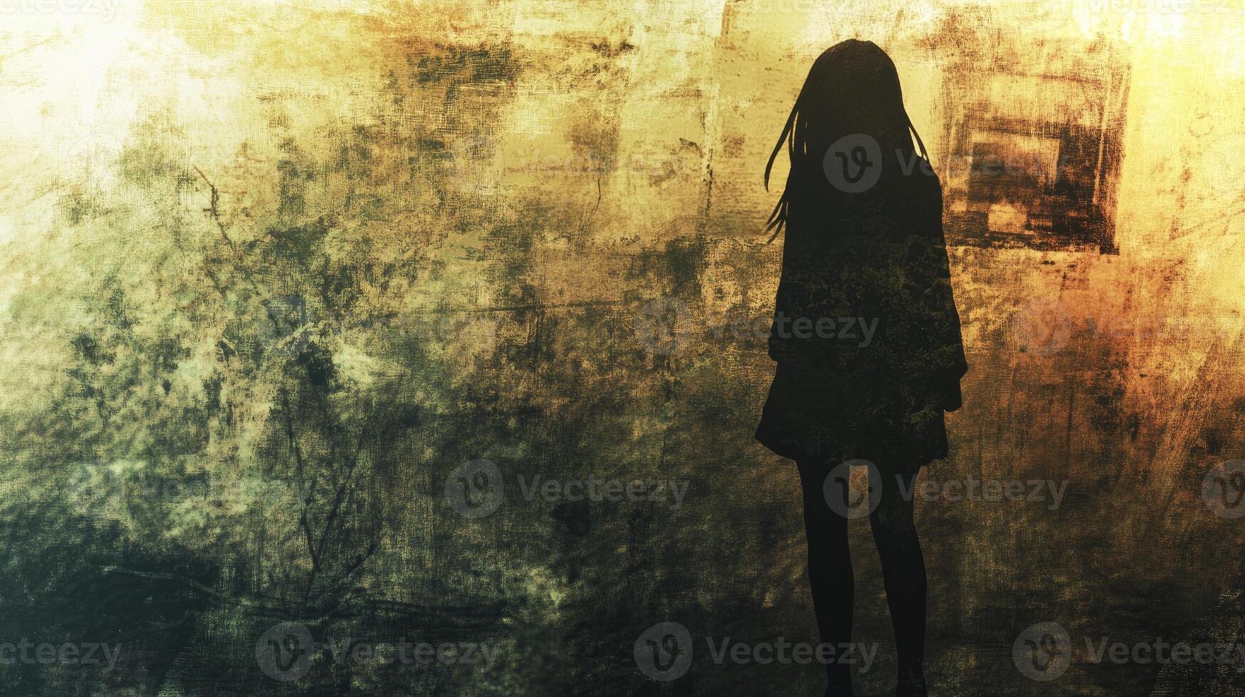 Silhouette Girl Standing Against Distressed Grunge Wall Background Artwork photo