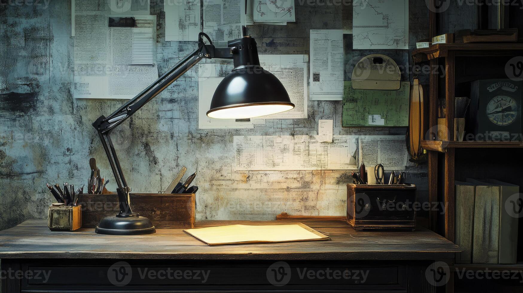 Desk Lamp Illuminating Workspace with Tools and Documents for Study photo