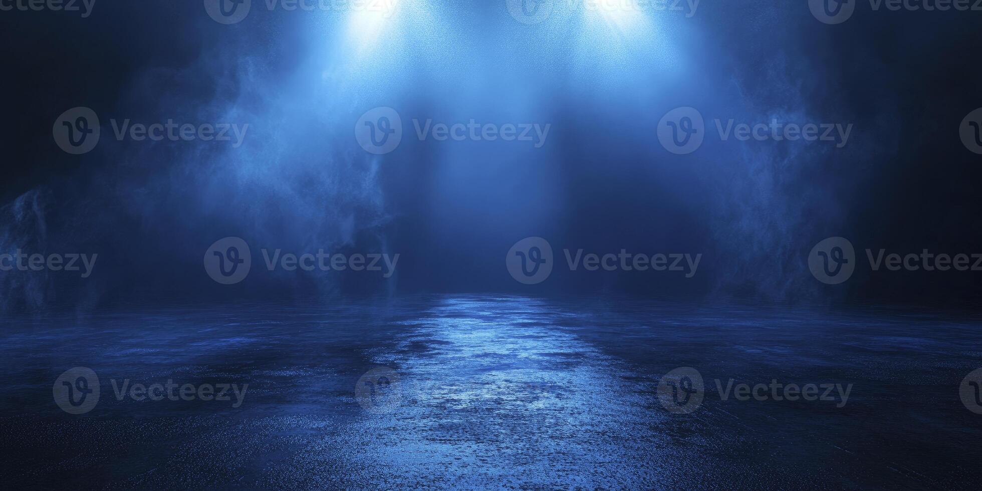 Mysterious Blue Light Shining Through Dark Fog on Wet Asphalt Road photo