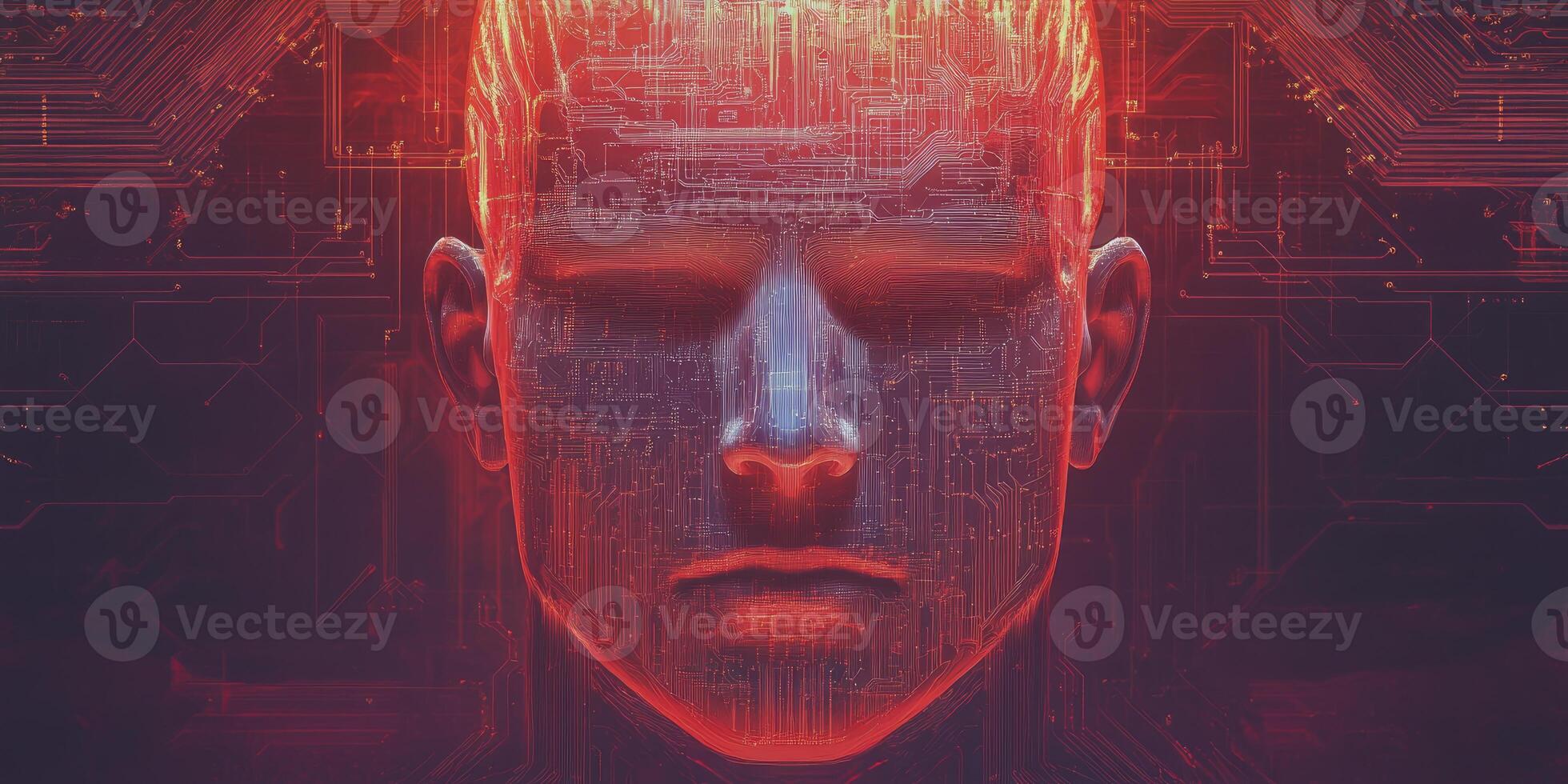 Artificial Intelligence Head with Circuitry and Red Glow Technology Concept photo