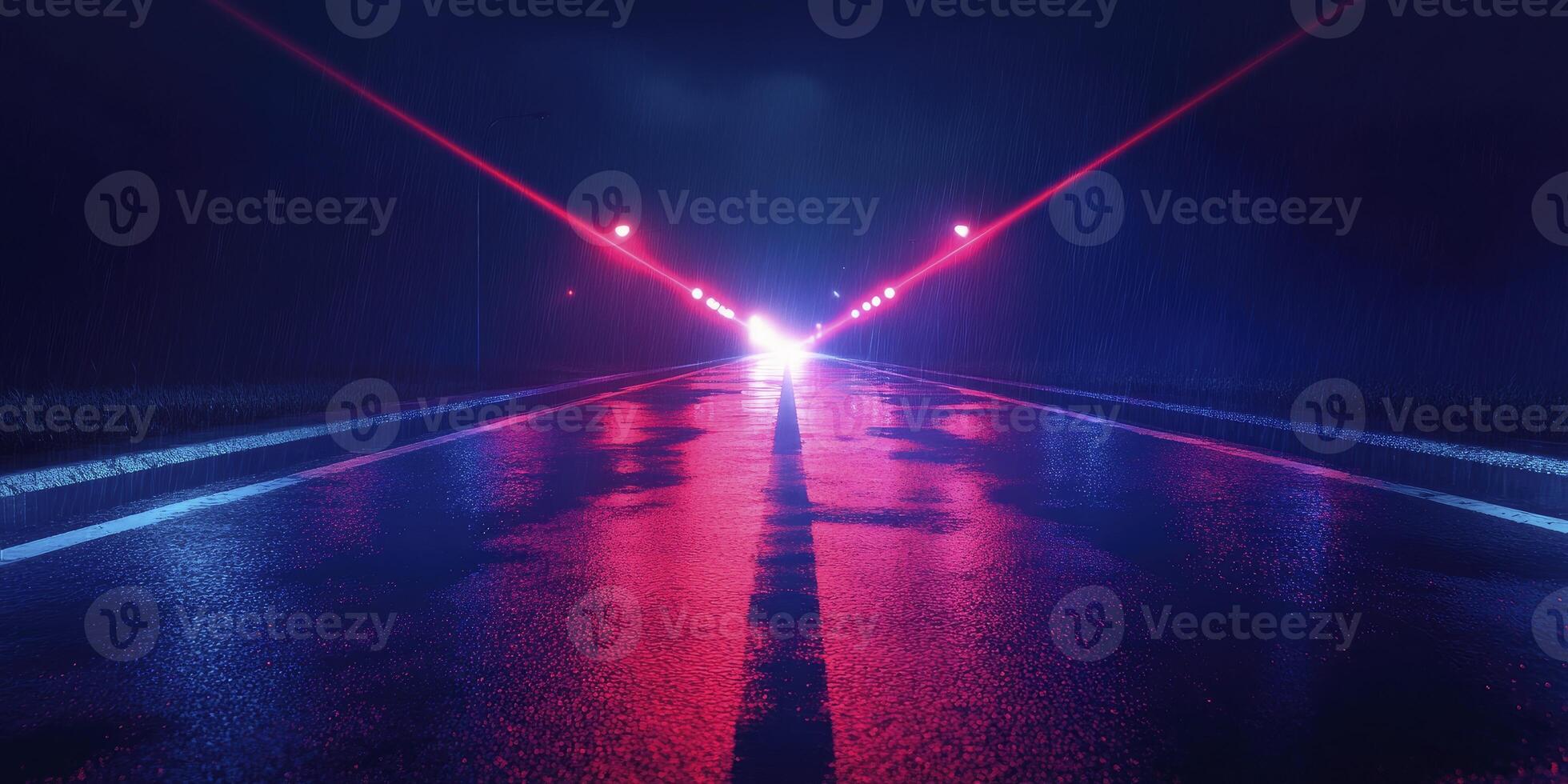 Driving on Wet Road at Night with Neon Lights and Rain photo