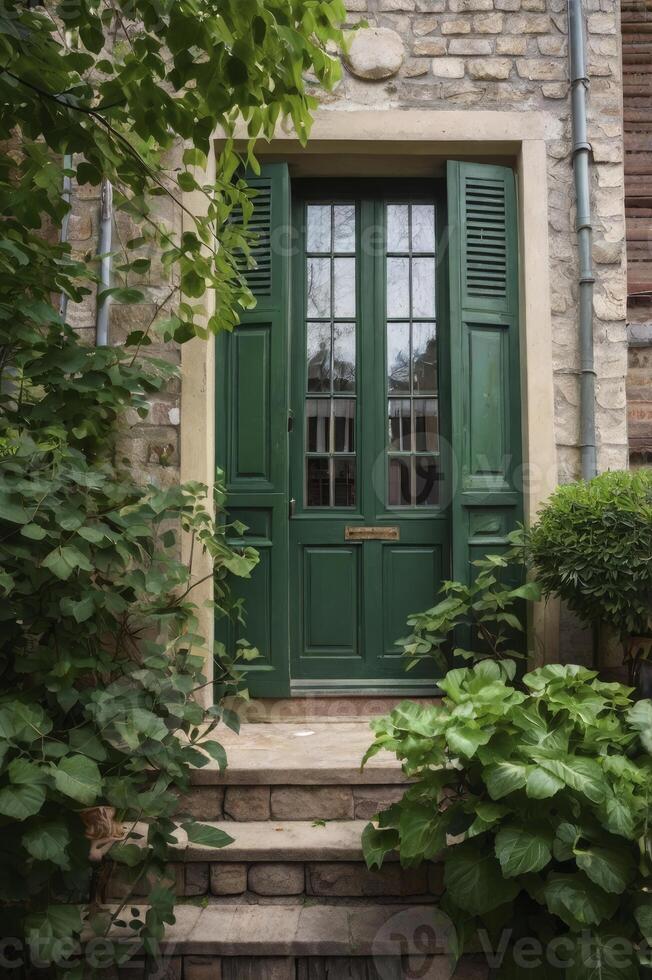 Elegant Green Door with Shutters Leading Into Stone Building photo