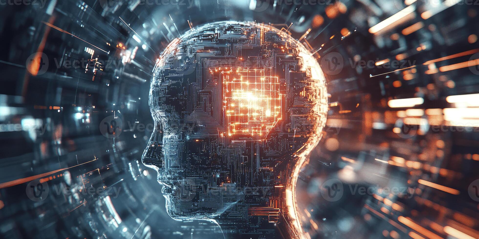 Artificial Intelligence Head with Glowing Brain Symbolizing Machine Learning Concept photo