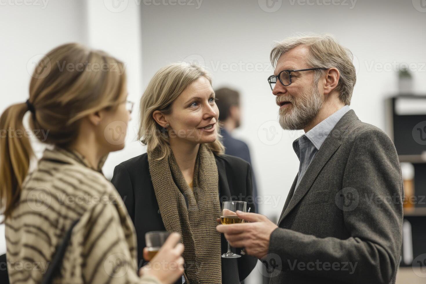 People Conversing at a Business Social Event Holding Drinks Indoors photo