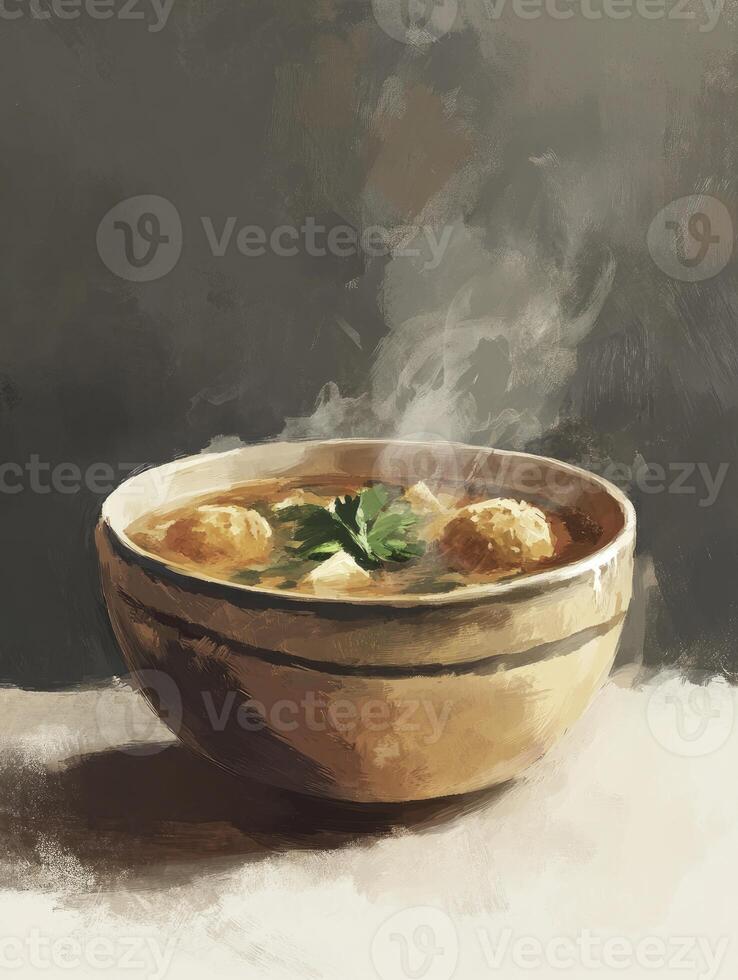 Warm and Delicious Soup Bowl with Meatballs and Fresh Herbs photo