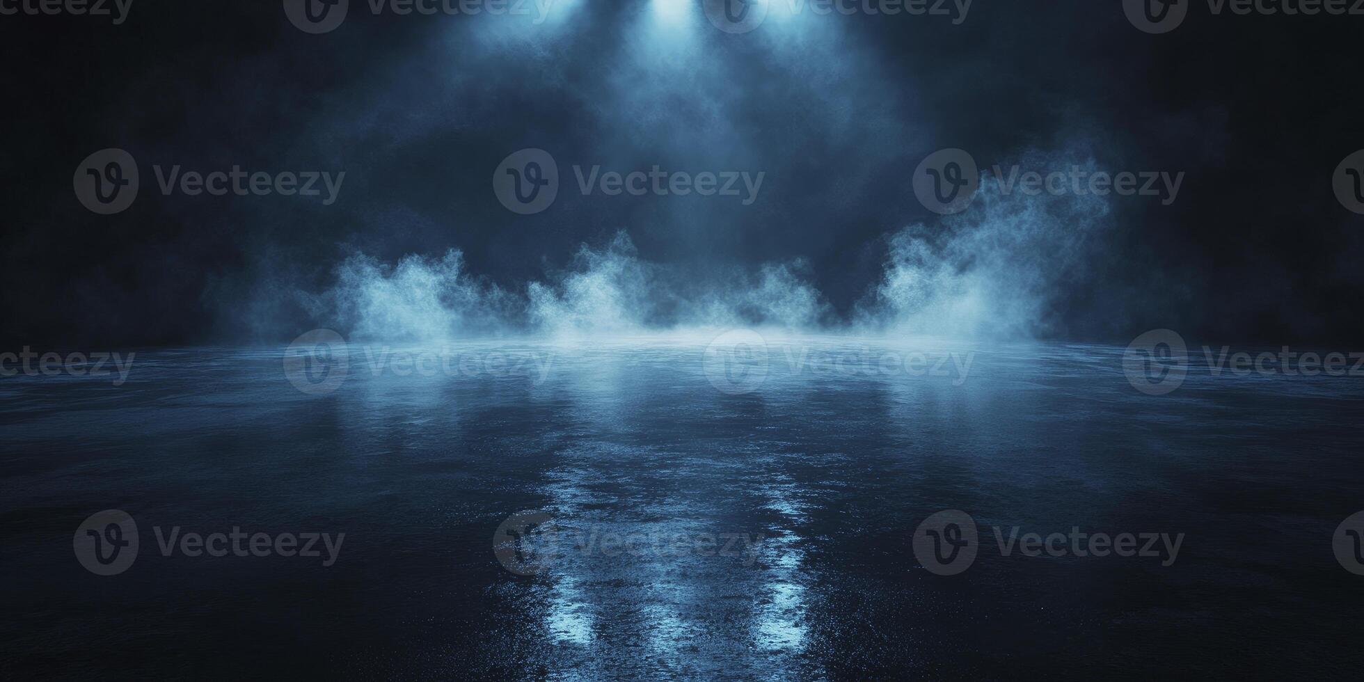 Atmospheric Stage with Fog and Light Beams on Reflective Floor photo