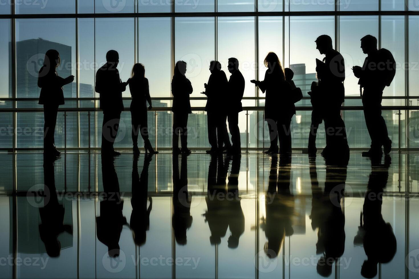 Business People Silhouettes Networking in Modern Building with Reflections photo