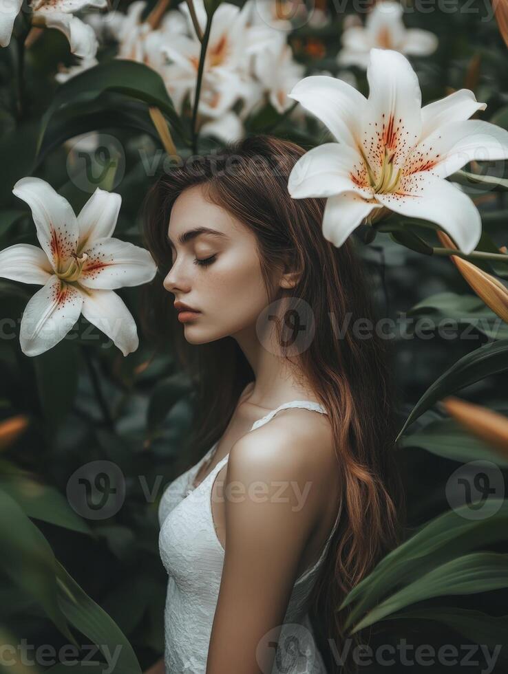 Woman Surrounded by White Lilies in Dreamy, Floral Garden Setting photo