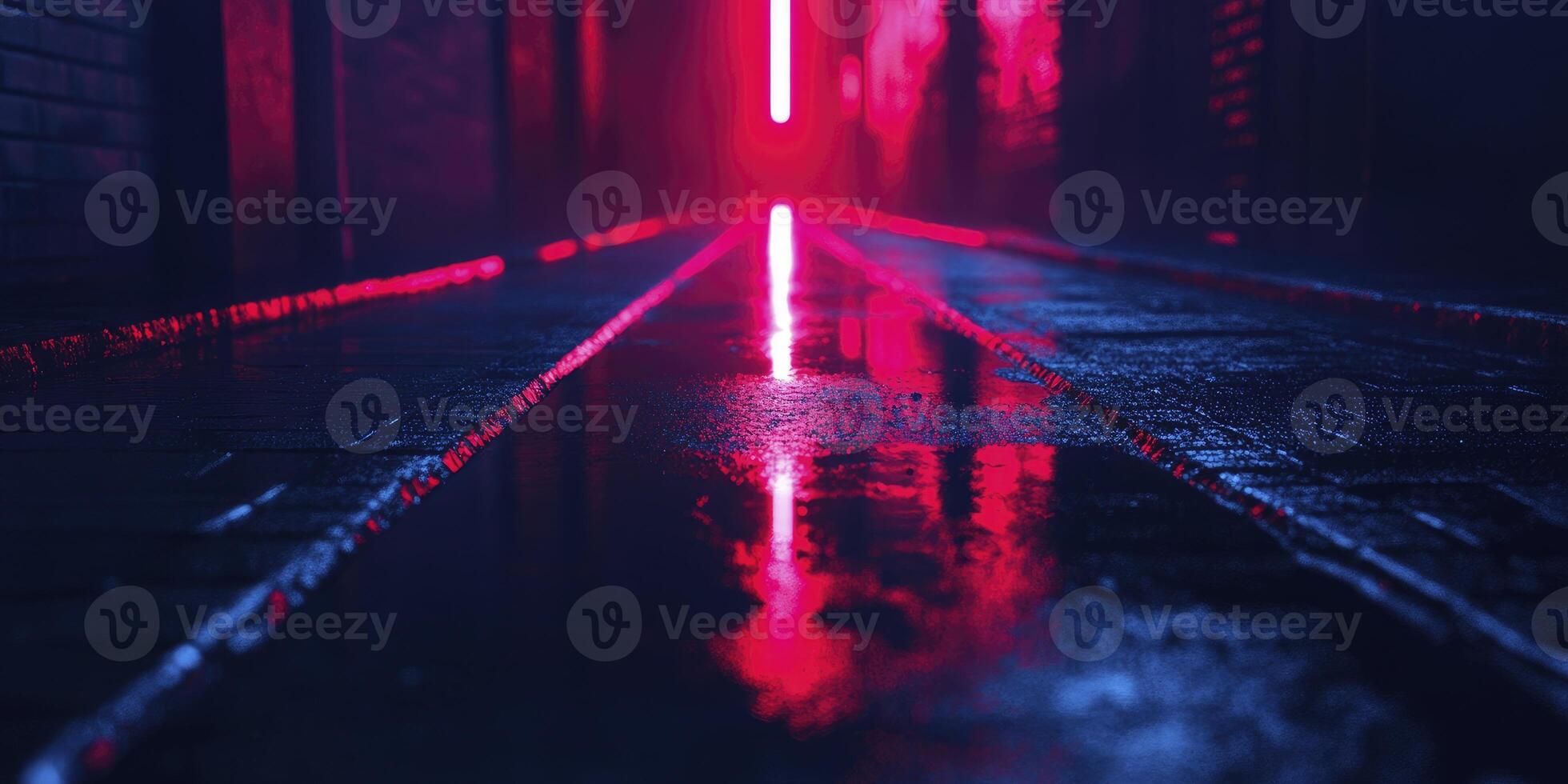 Street View with Neon Lighting and Reflections on Wet Pavement photo