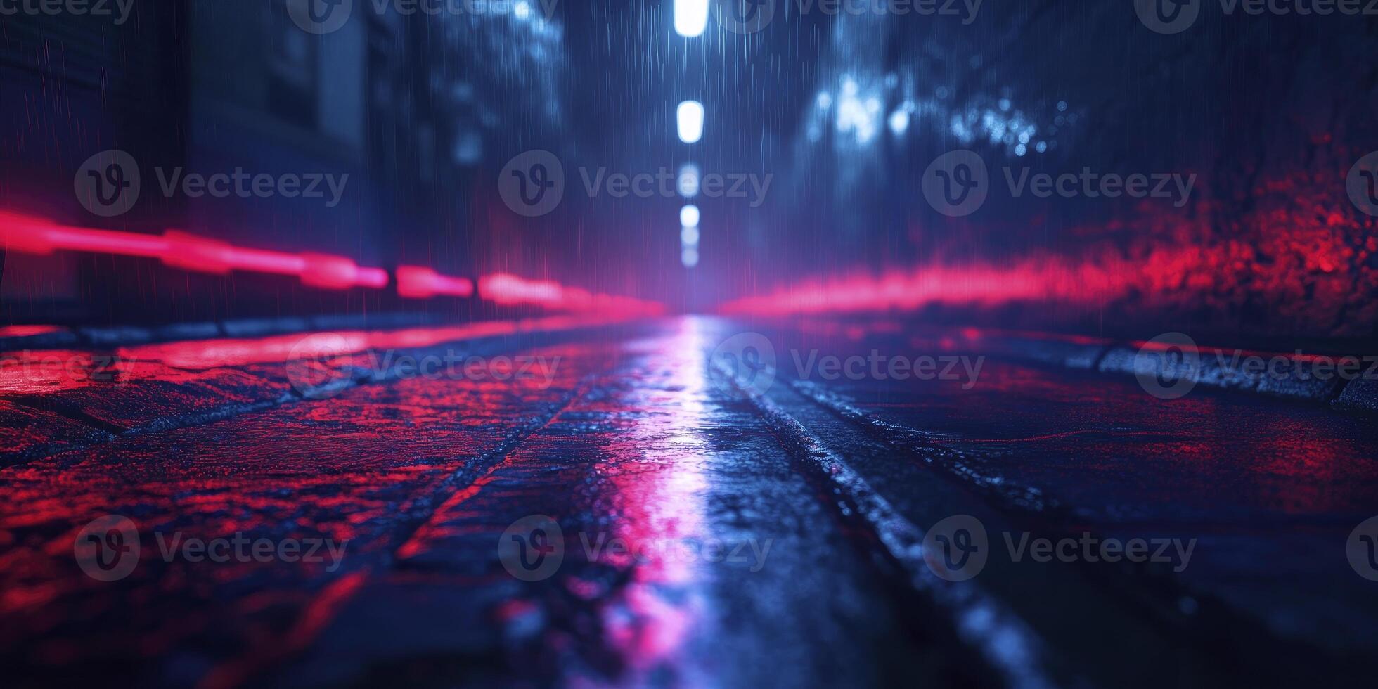 Rainy City Street at Night with Neon Lights Reflection on Wet Surface photo