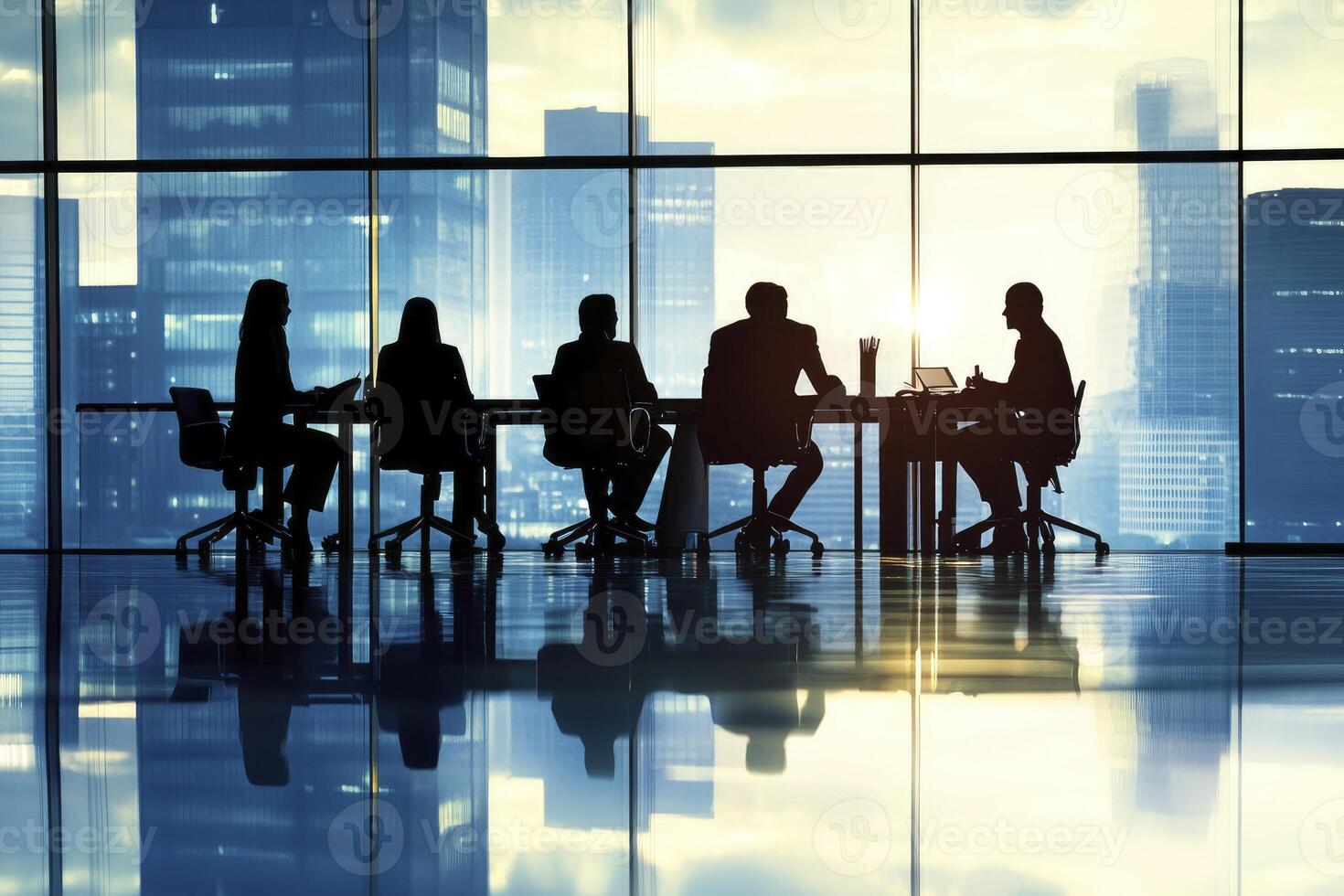 Business People Meeting in Modern Office with City Skyline View photo