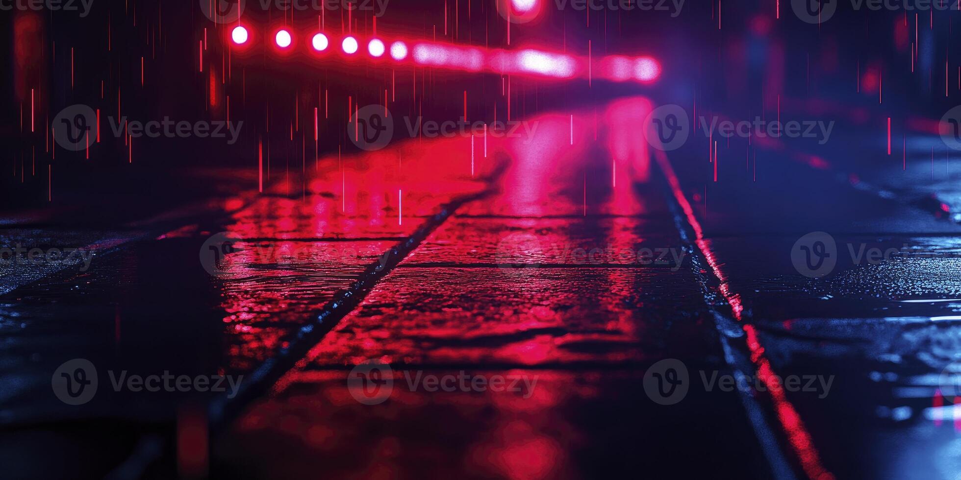 Rain Falling on City Street with Neon Lights Reflecting in Puddles photo