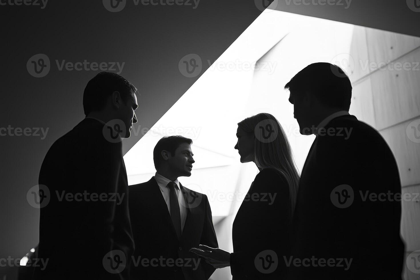 Business People Talking During Meeting in Office Building in Black and White photo