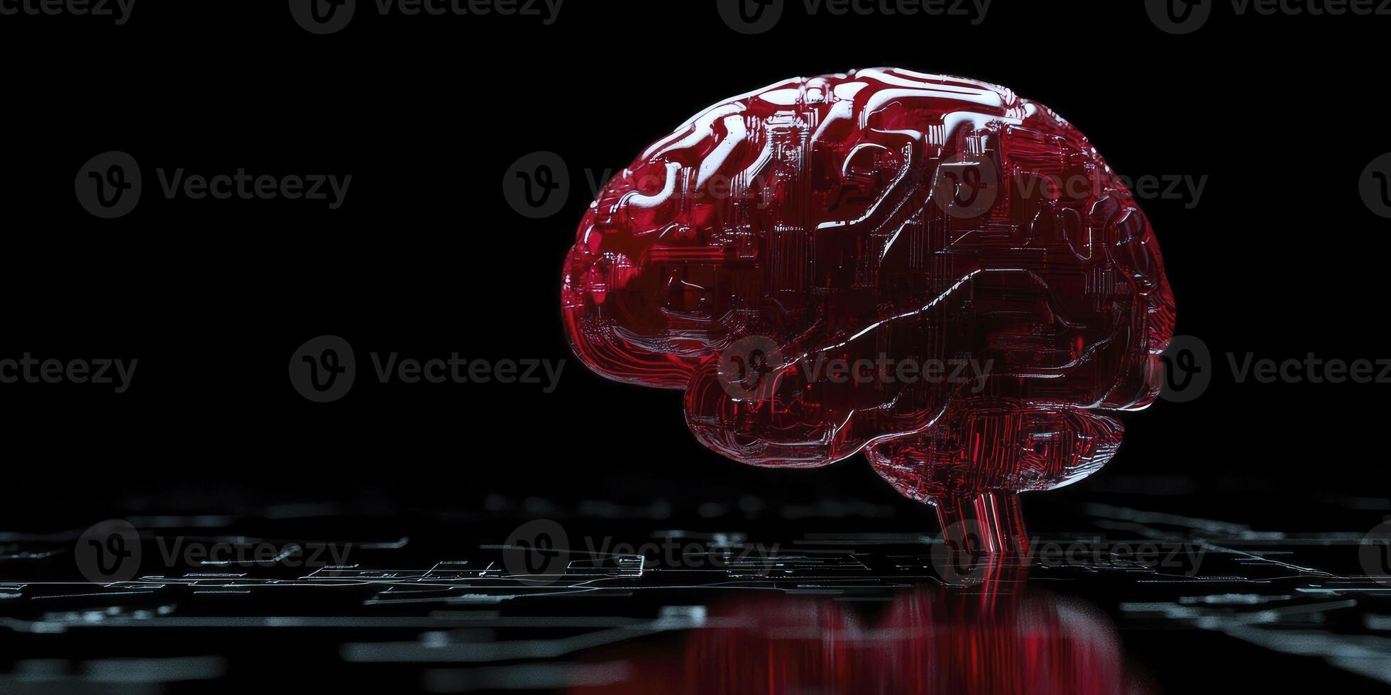 Red Brain Model with Circuitry on Dark Background Depicting Artificial Intelligence photo