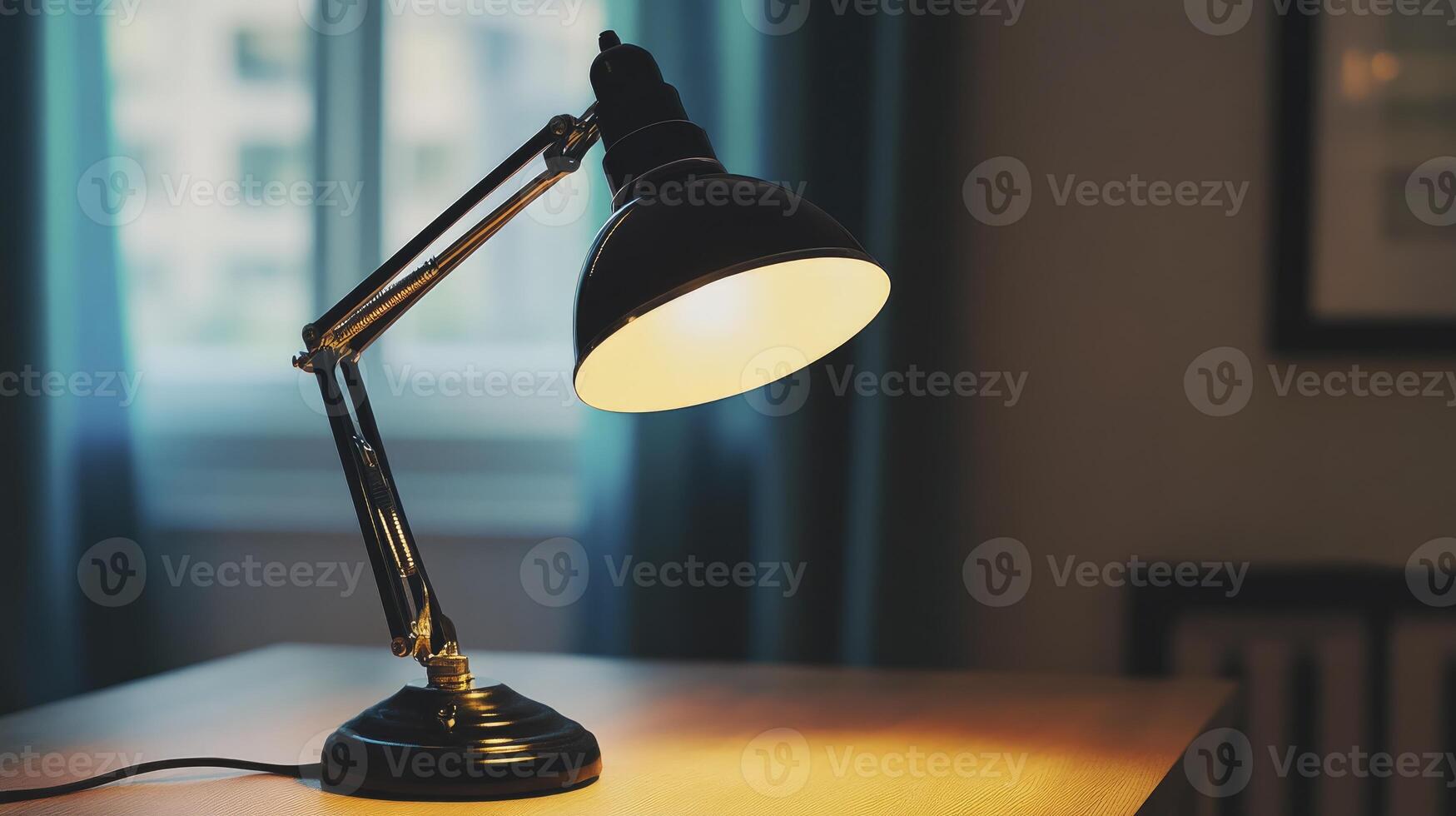 Desk Lamp Illuminating Workspace Table with Warm Light in Home Setting photo