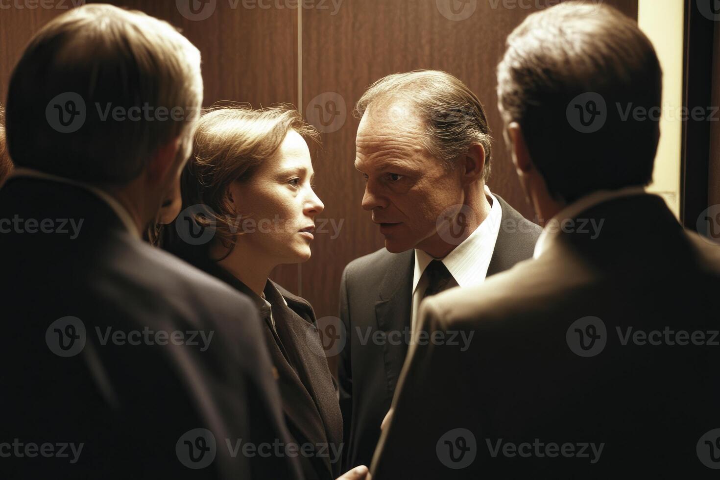 Business People Discussing Strategy Seriously in Elevator with Focused Expressions photo