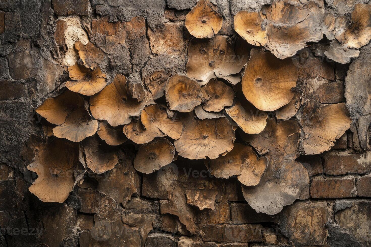 Mushrooms Growing on Weathered Brick Wall Creating Unique Texture and Pattern photo