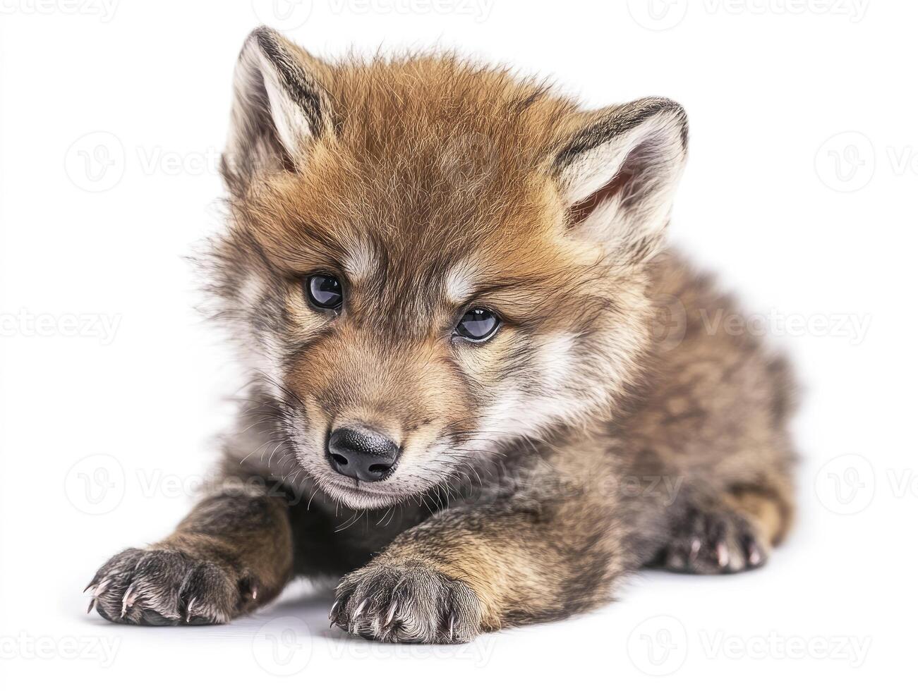 Adorable Wolf Cub Lying Down Looking at Camera on White Background photo