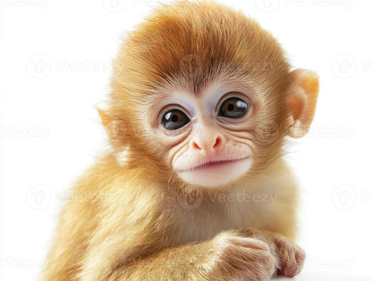 Cute Baby Monkey Face Close Up Looking Adorable on White Background photo