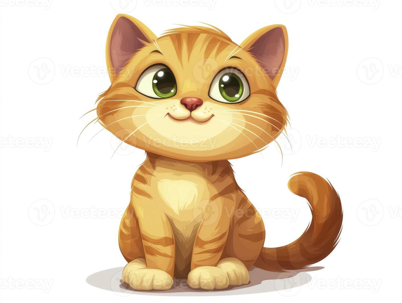 Cartoon Ginger Kitten Sitting and Smiling Adorably on White Background photo