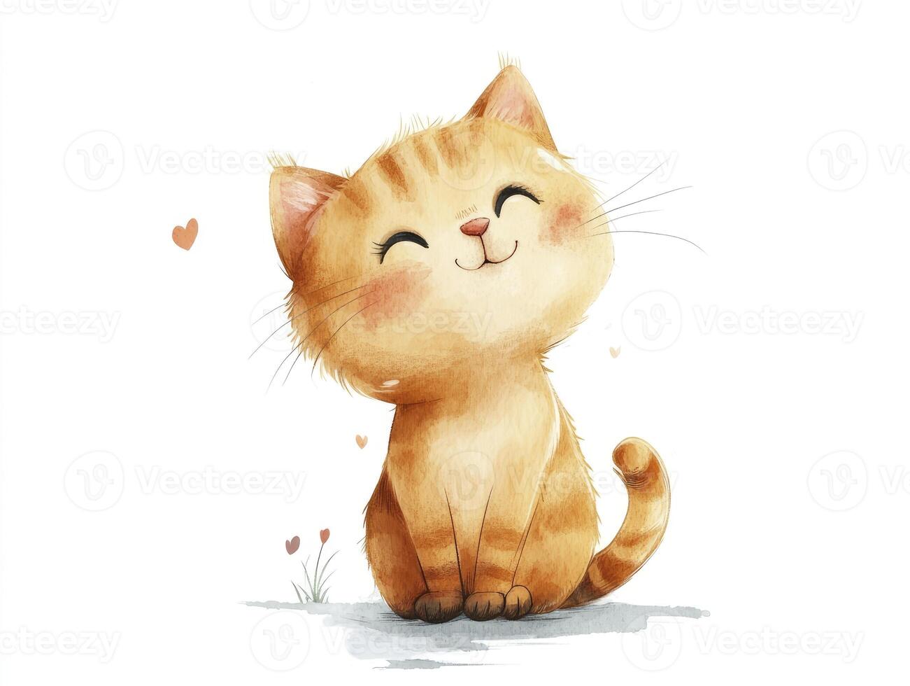 Smiling Orange Tabby Kitten Sitting Watercolor Style with Hearts Around It photo