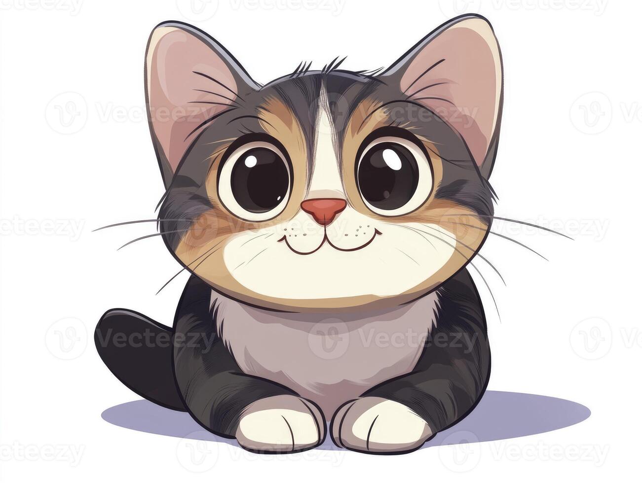 Sitting Calico Cat with Large Eyes and Happy Expression on White photo