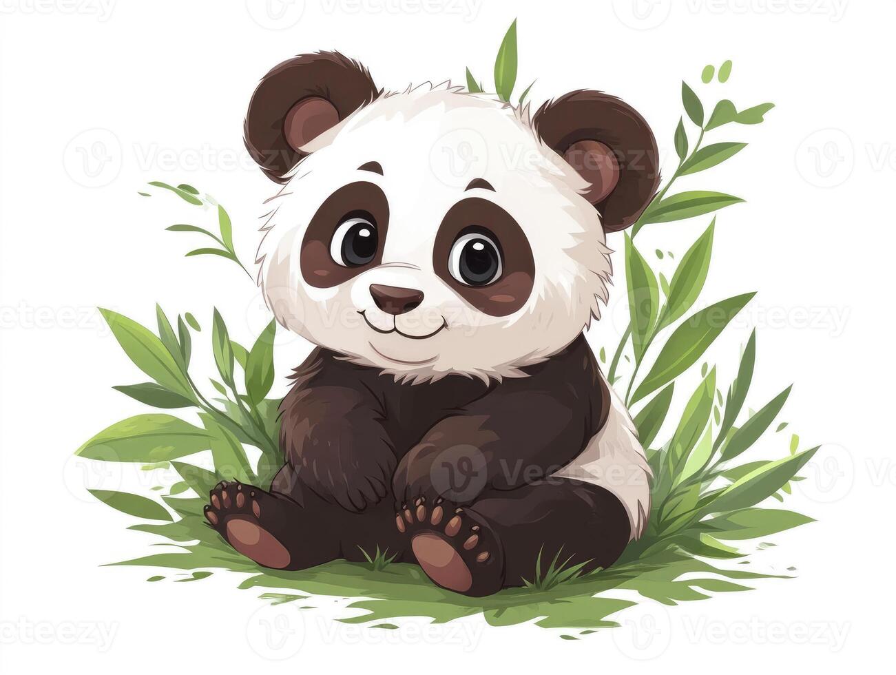Cute Panda Sitting Amongst Green Leaves with a Gentle Smile photo
