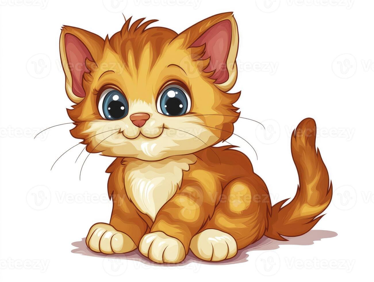 Cute Cartoon Kitten Sitting and Smiling with Big Blue Eyes photo