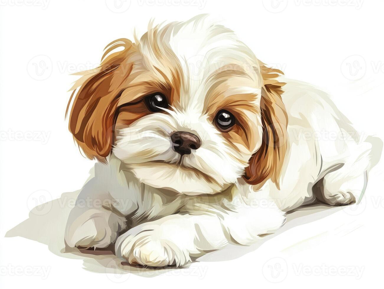 Cute Shih Tzu Puppy Lying Down Looking Adorable on White Background photo