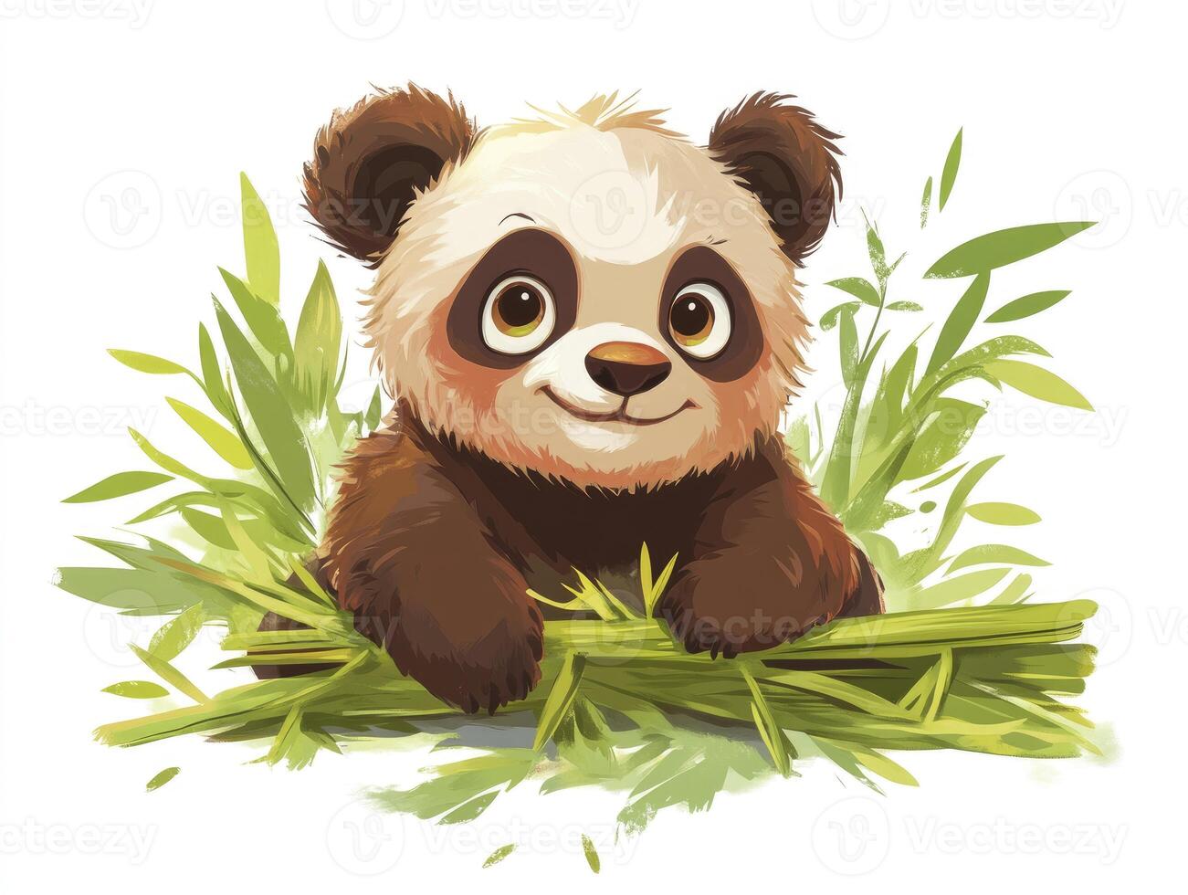 Cute Panda Cub Portrait with Bamboo Leaves in Watercolor Style photo