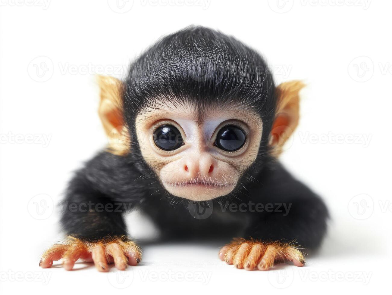 Adorable Baby Monkey Crawling on White Background with Cute Big Eyes photo
