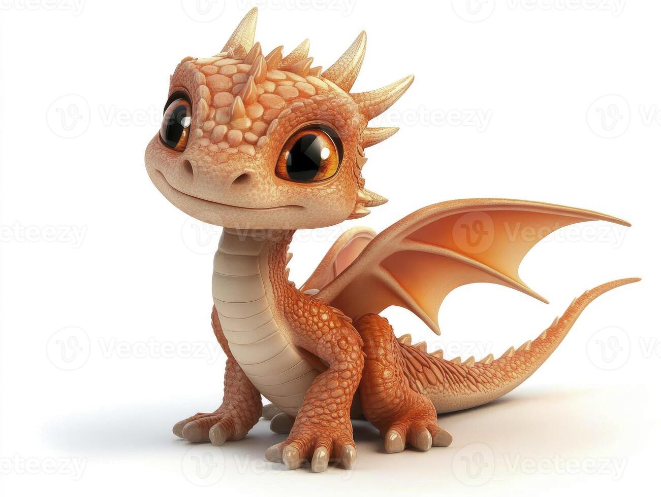 Cute Orange Baby Dragon with Big Eyes Sitting Down Isolated photo