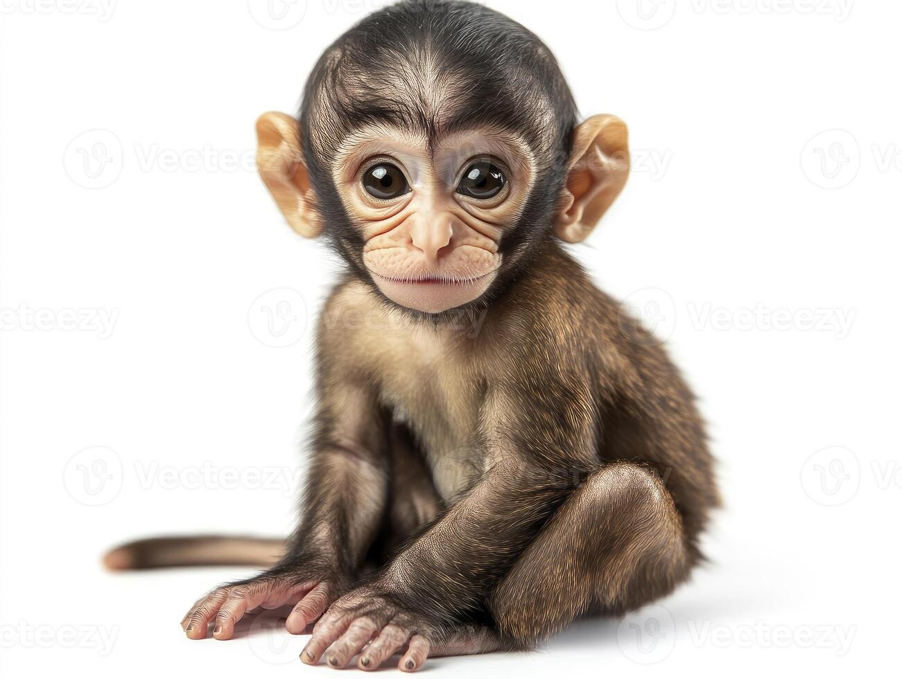 Adorable Baby Monkey Sitting on White Background Portrait for Kids Content photo