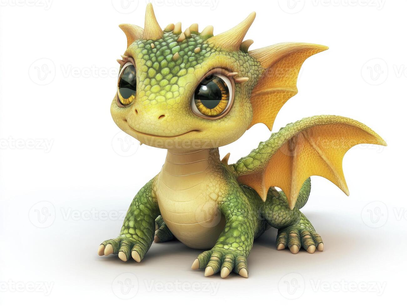 Cute Baby Dragon Sitting with Big Eyes on a White Background photo