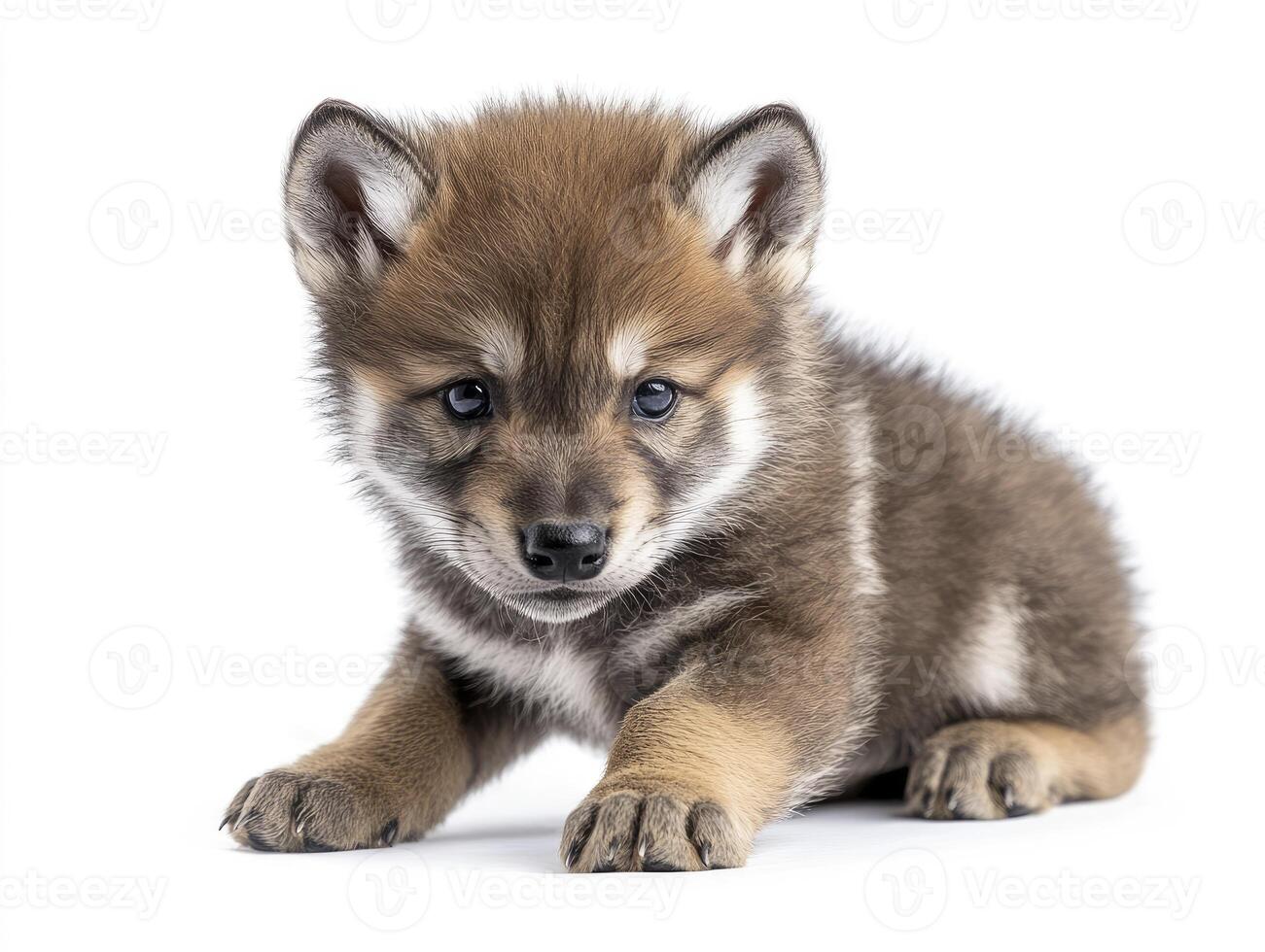 Cute Wolf Puppy Lying Down Posing Adorable on White Background photo